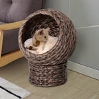 Raised Cat Bed with Cushion, Natural Banana Leaf House, Beige and Brown, 42x33x52cm - Borge' Group Limited