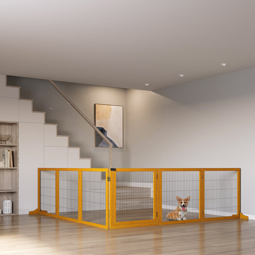 Wooden and Steel Dog Gate for Small/Medium Size Dogs with 6 Folding Panels, 432x36x70cm - Borge' Group Limited