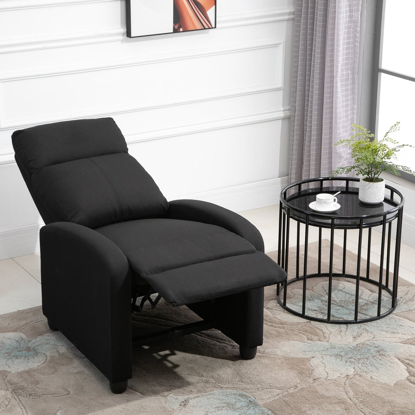Padded Relax Armchair With Reclinable Back and Pullified Pypiece In Black Fabric