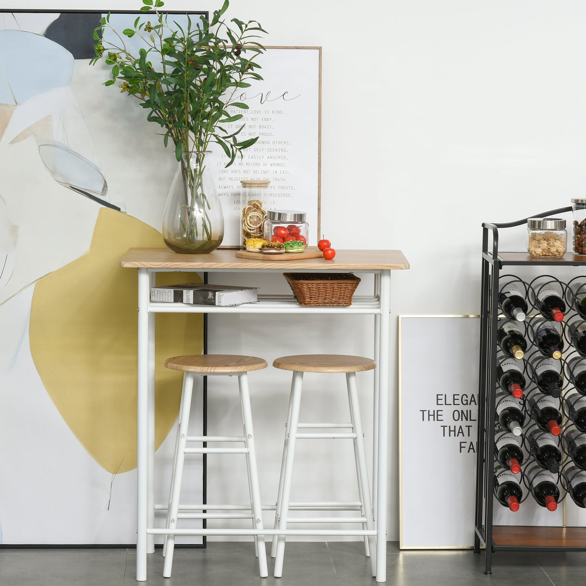 Set Bar counter with 2 high north -style wooden stools, high table with shelf and kitchen stools with footrests, white - Borgè