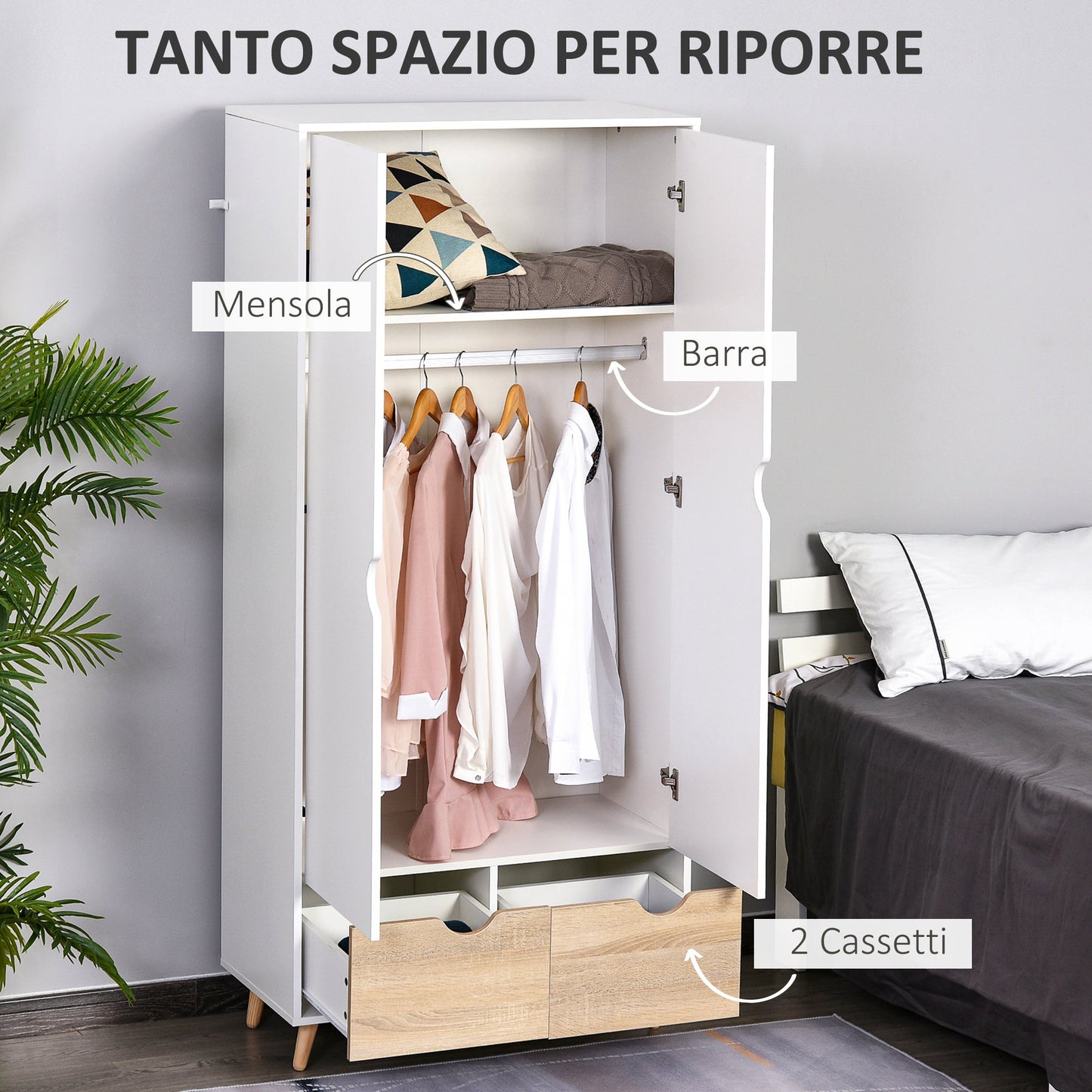 wardrobe with two wooden doors with 1 shelf and 2 drawers with white carved handles - Borgè