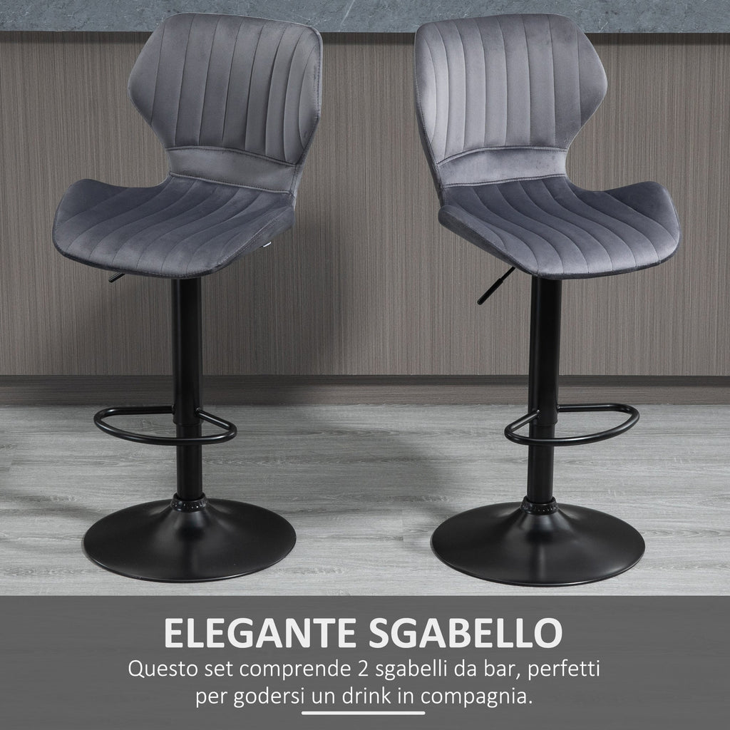 ALICE | Set of 2 Grey Velvet Bar Stools with adjustable height and footrests - Borgè