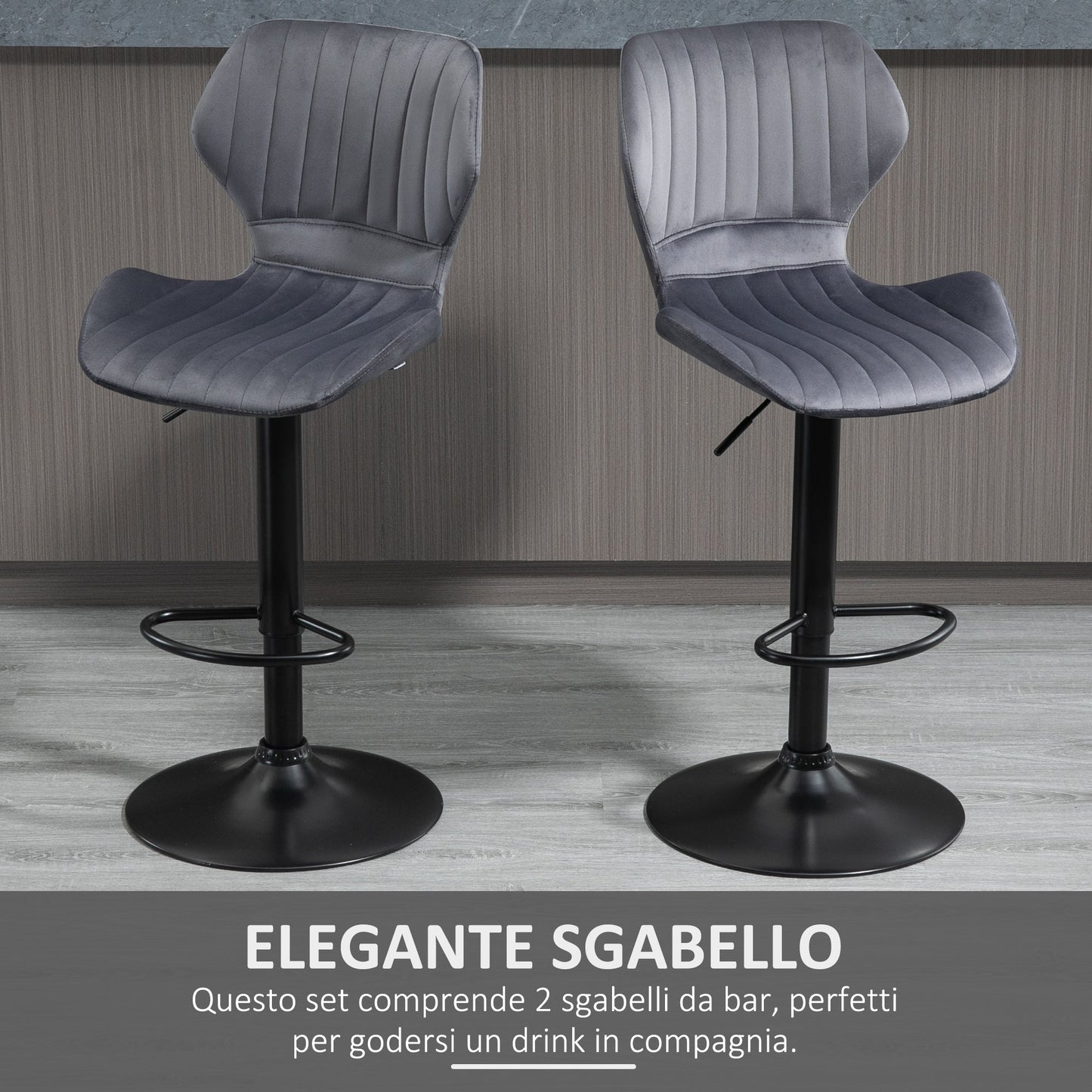 ALICE | Set of 2 Grey Velvet Bar Stools with adjustable height and footrests