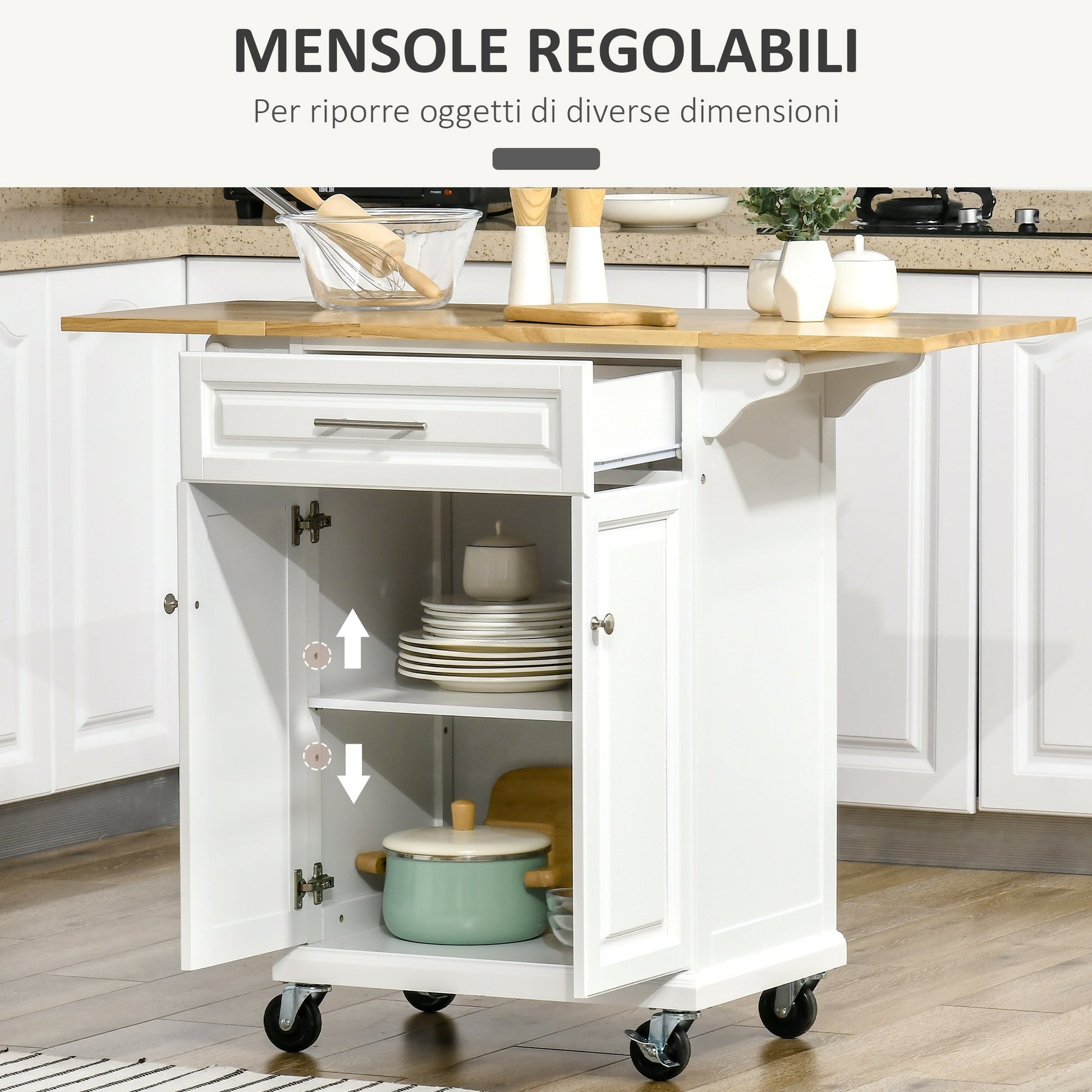 White Wood Expandable Kitchen Trolley - Borgè