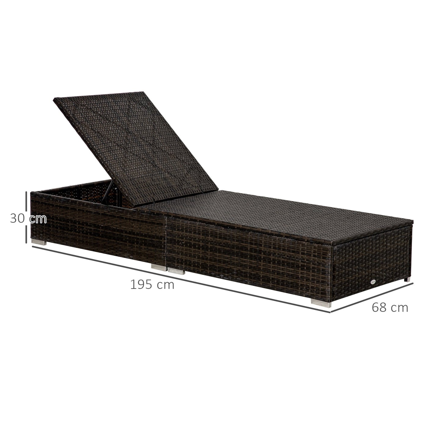 Outsunny sun bed in rattan pe with reclining back on 5 positions, 195x68x30cm, brown - Borgè