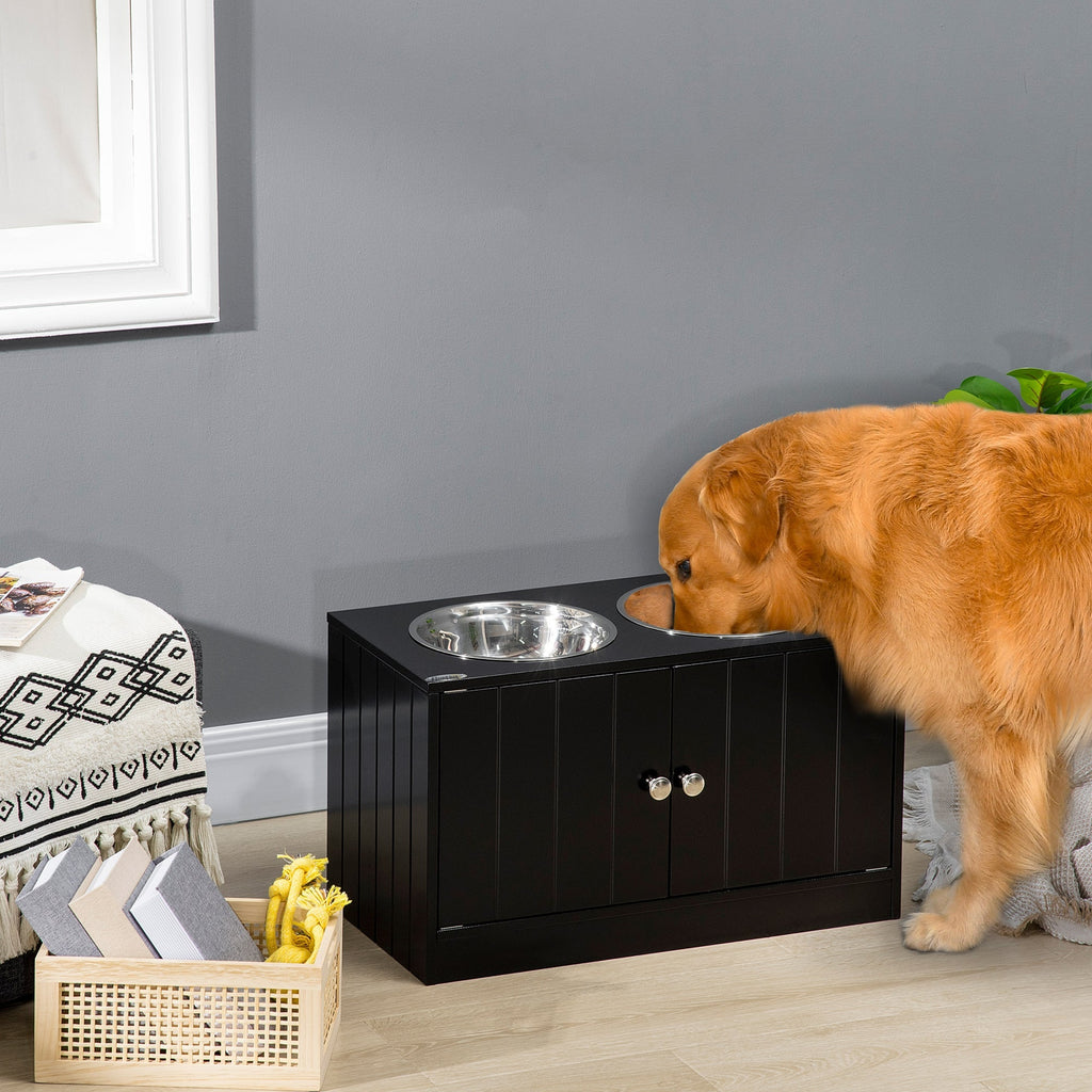 Raised Dog Bowl with Storage Compartment, 2 Removable Stainless Steel Bowls, 60x30x35.5cm, Black - Borge' Group Limited
