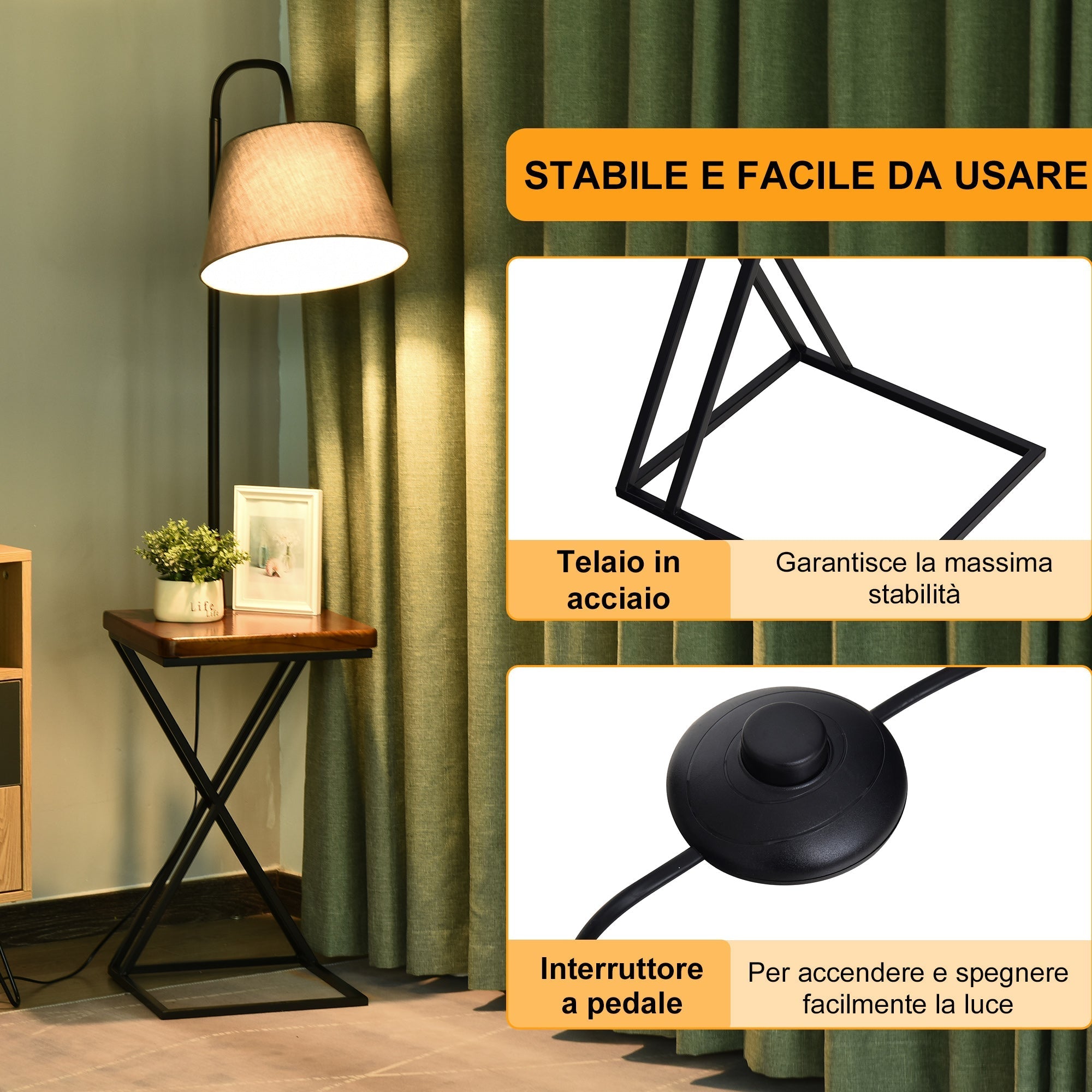 ground lamp with steel and wood shelf - Borgè
