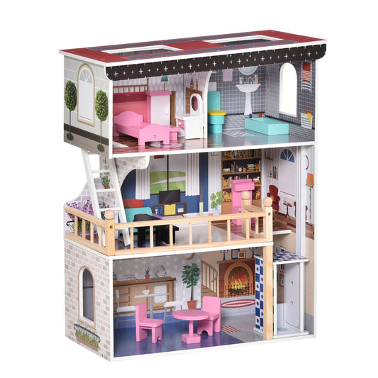 House of 3 -storey wooden dolls with lift, scale and 13 children's accessories 3-6 years, 60x30x80cm - Rosa