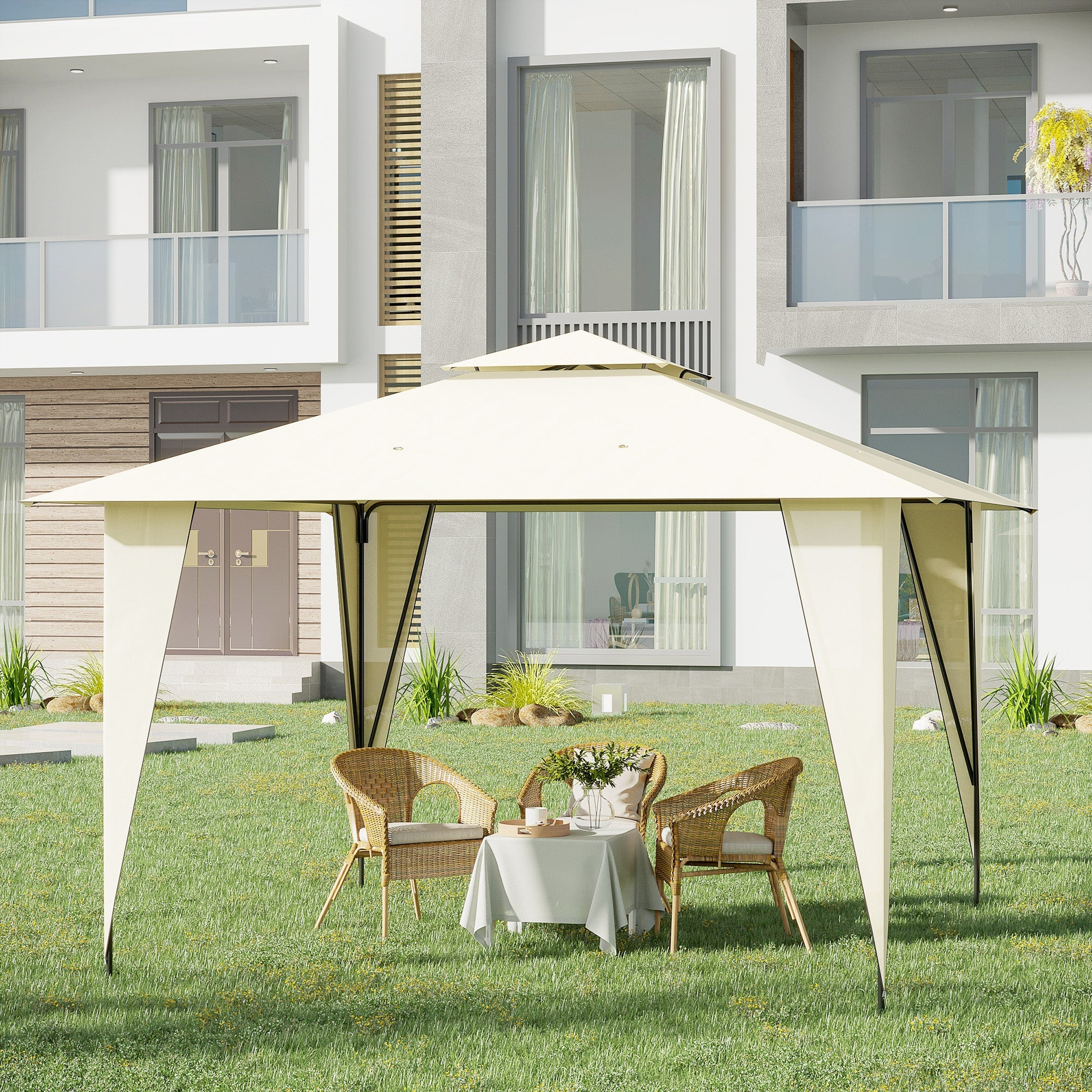 Beige Metal and Polyester Garden Gazebo with Double Roof 3.5x3.5m - Borge' Group Limited