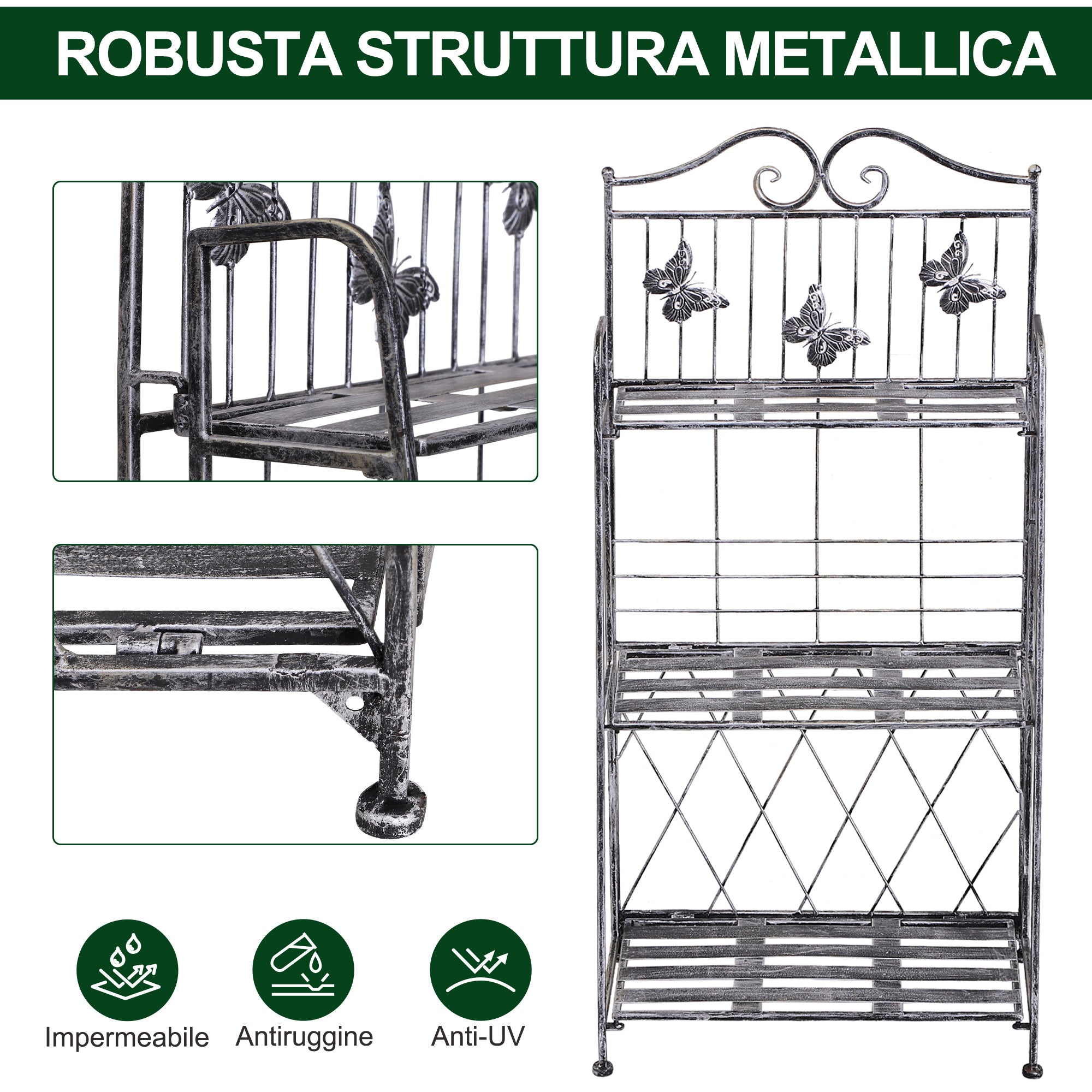 3 Tier Folding Garden Balcony Planter Shelf, Metal, Silver, 44x25x96 cm - Borge' Group Limited