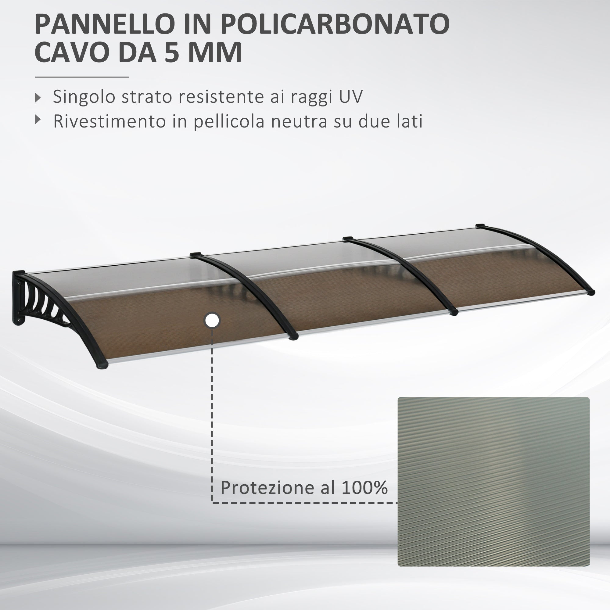 Outdoor Canopy for Windows and Doors, in Polycarbonate and Aluminum, 303x100x26cm - Brown - Borge' Group Limited