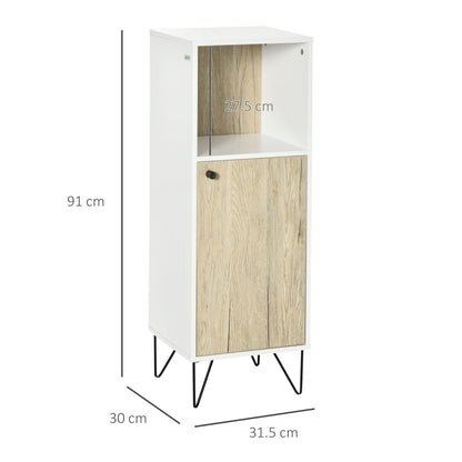 Kleankin Bathroom cabinet with open shelf and cabinet with wooden door, 31.5x30x91cm, oak and white - Borgè