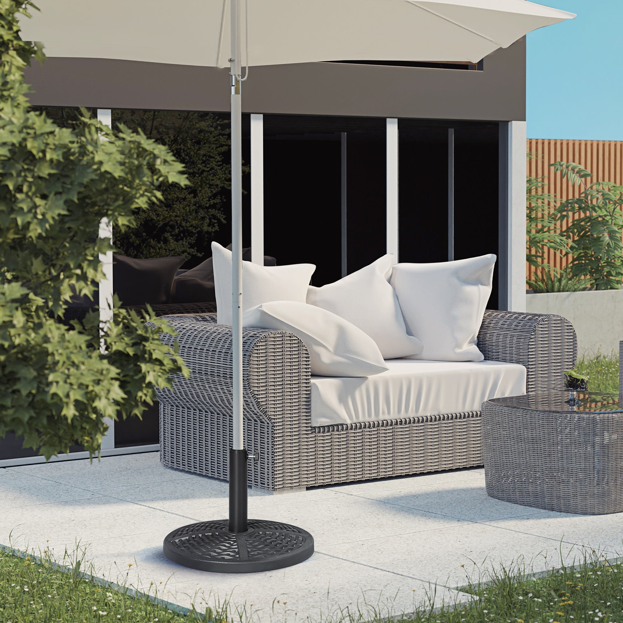 Round Garden Umbrella Base Rattan Effect Ø45cm Weight 9.5kg, Black - Borge' Group Limited