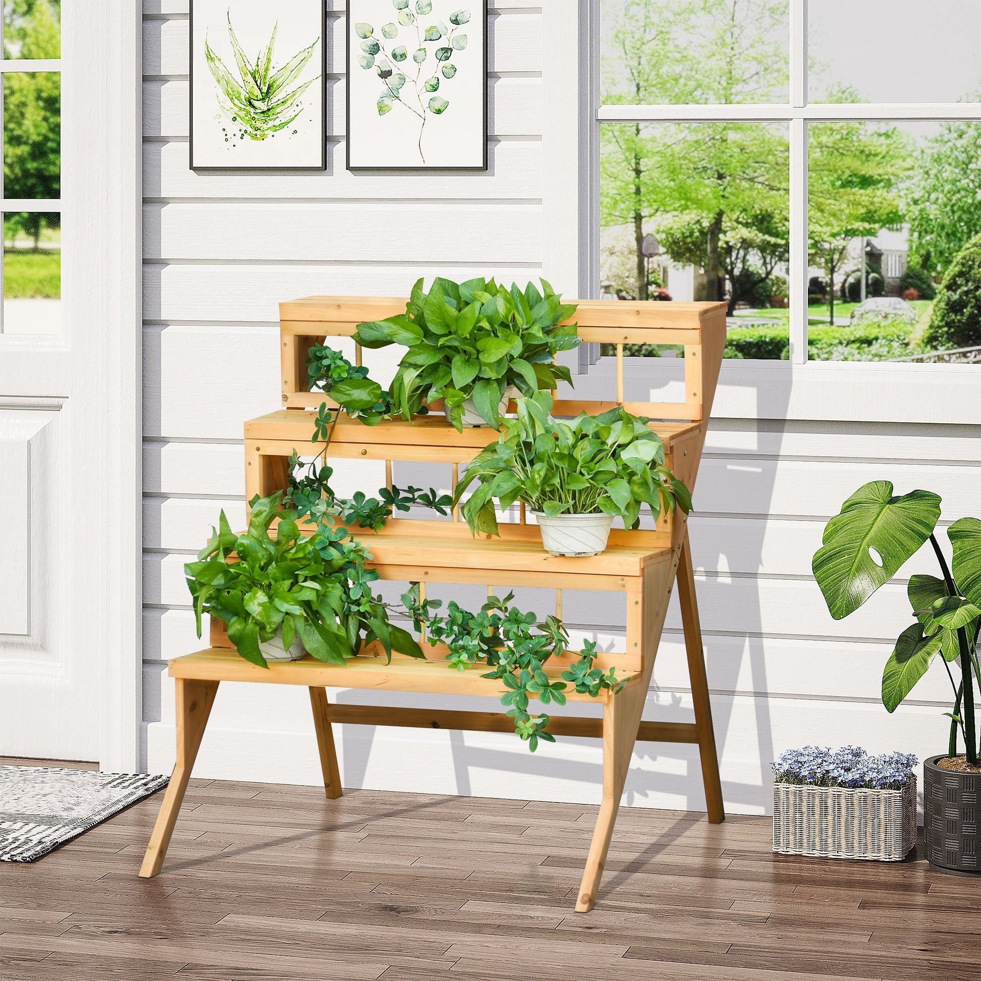 Outsunny Scaletta Wooden holder with 4 shelves, garden and house holder - Borgè