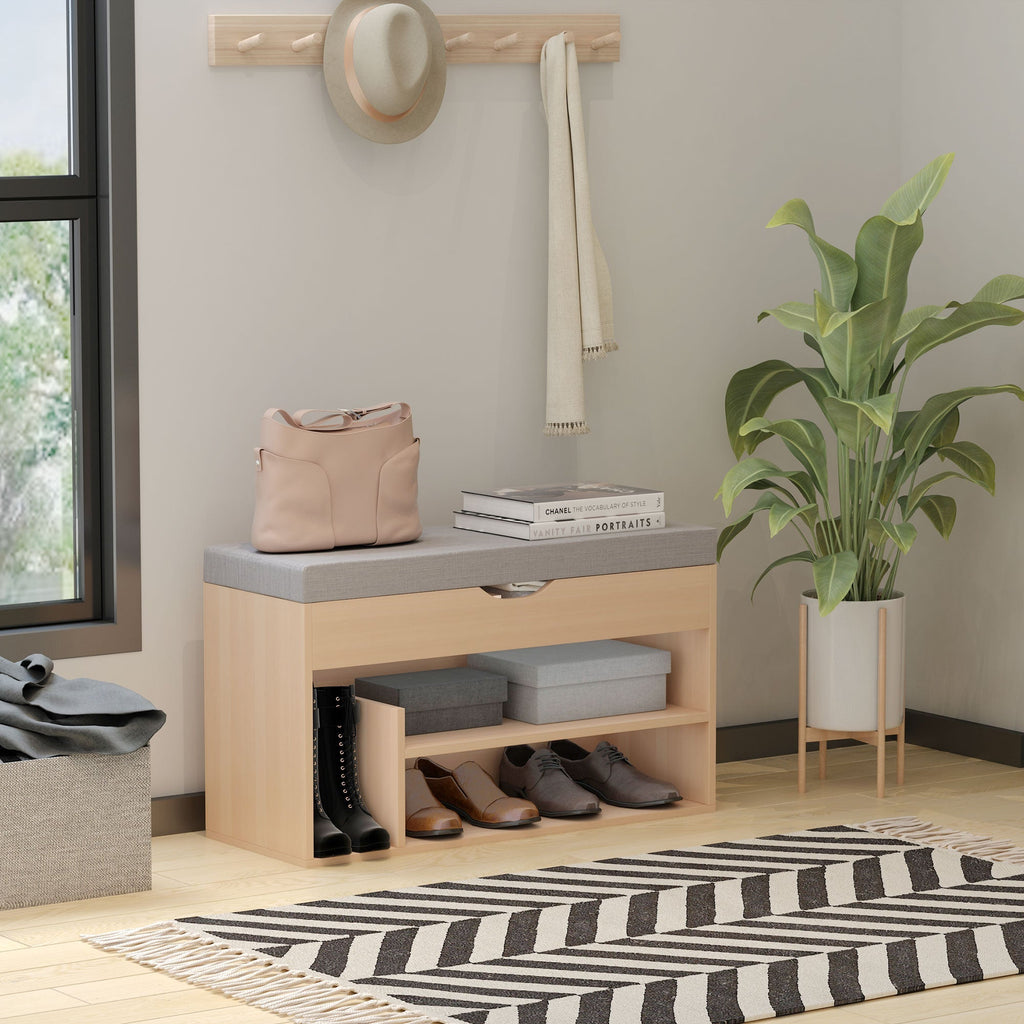 Scarpiera 2 in 1, wooden bench with padded seat and hidden compartment, for entry/input, 80 x 30 x 48cm - Borgè