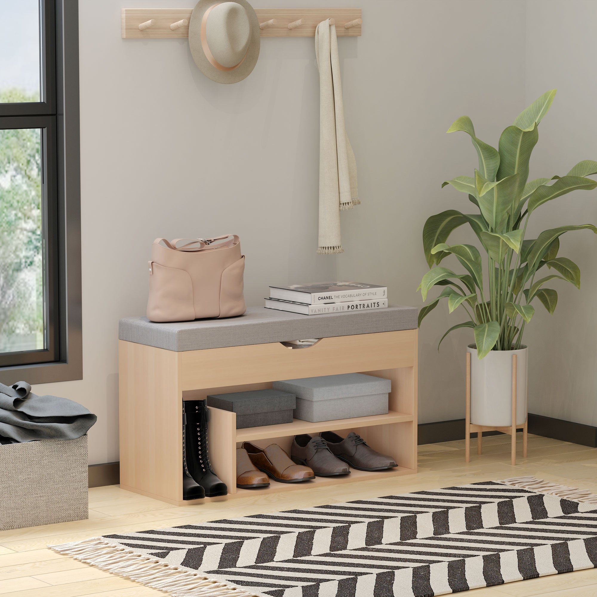 Scarpiera 2 in 1, wooden bench with padded seat and hidden compartment, for entry/input, 80 x 30 x 48cm - Borgè