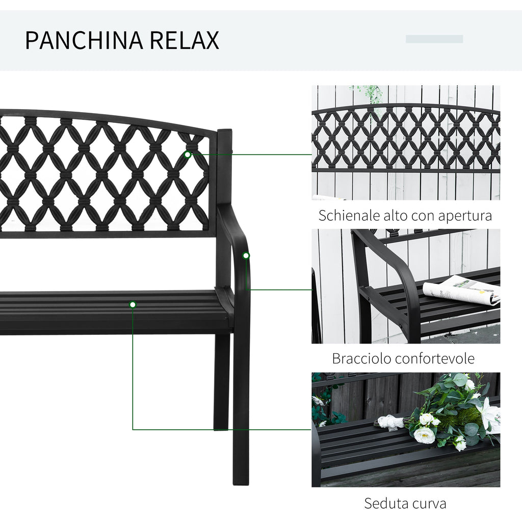 2-Seater Outdoor Bench with Armrests in Steel and Cast Iron, 128x58.5x89cm, Black - Borge' Group Limited