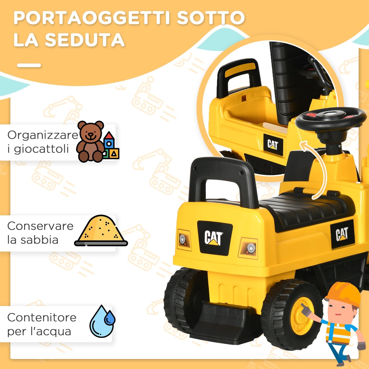 Ruspa toy for children for 1-3 years with excavator and container, without battery, yellow - Borgè