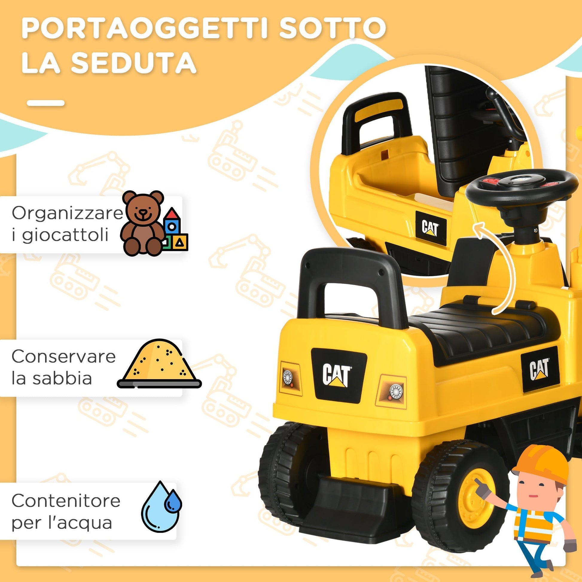 Ruspa toy for children for 1-3 years with excavator and container, without battery, yellow - Borgè