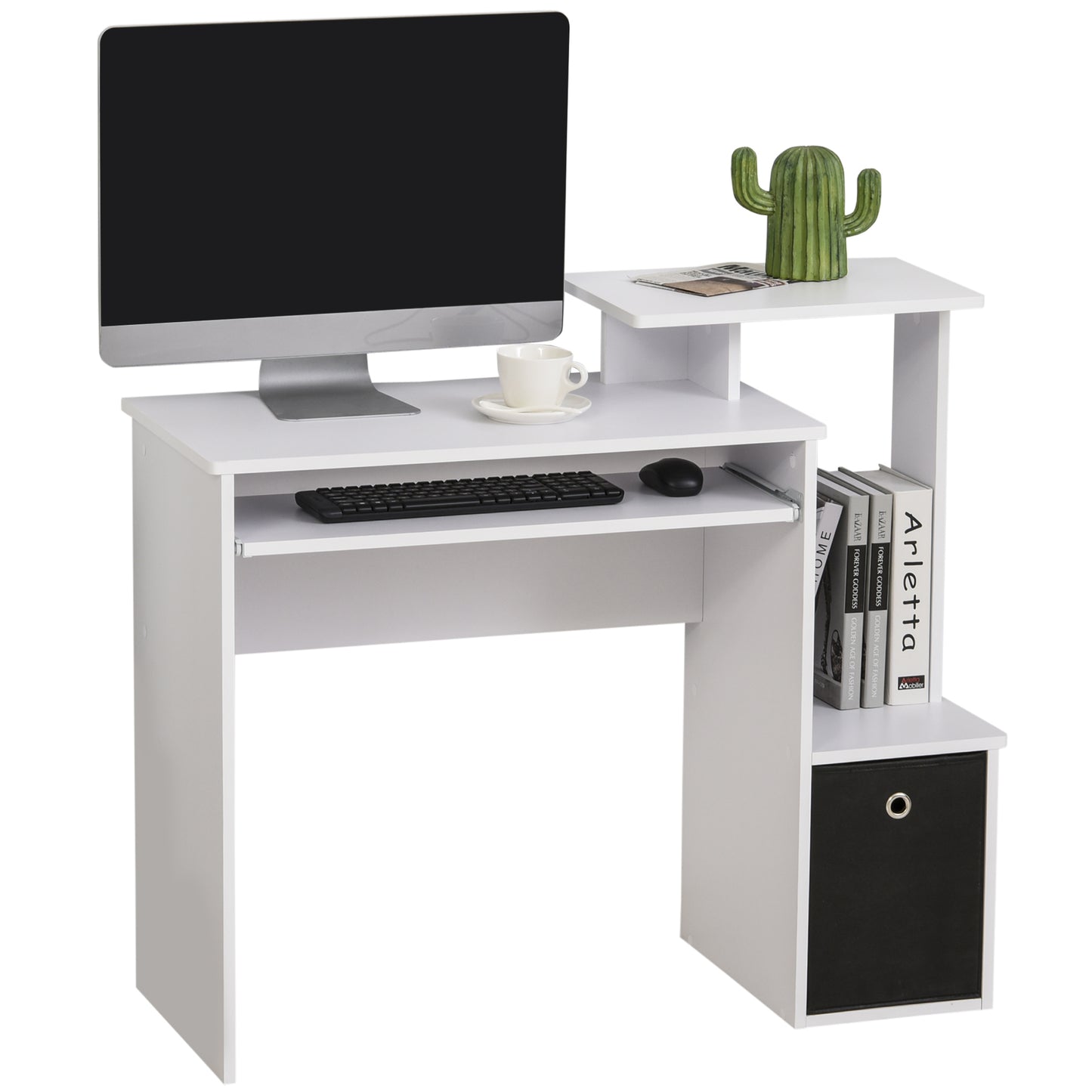 Modern Desk With Keyboard and Fabric Drawer, 100x40x86.6cm, Black and White - Borgè