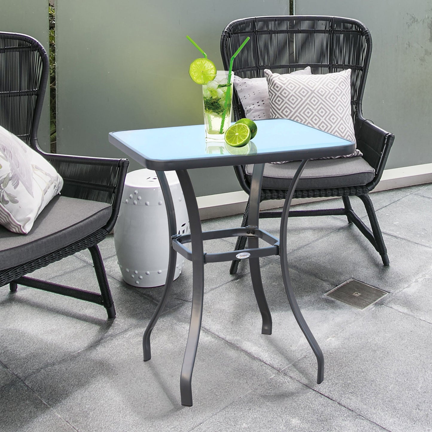 Outsunny Modern Tower Table Tempered Glass, Outdoor Garden Table Metal 68.5x68.5x84cm Grey - Borgè