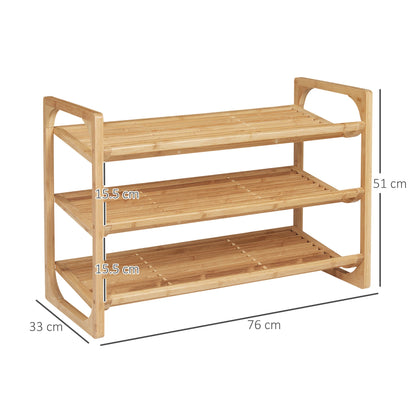 bamboo shoe rack with 3 slat shelves for 9 pairs of shoes, 76x33x51cm, natural.