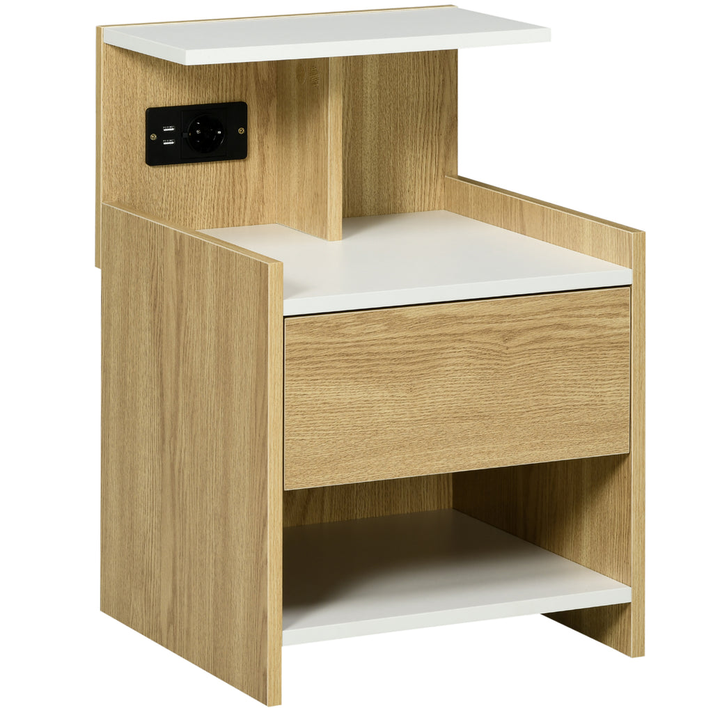 Homcom modern bedside table with 2 sockets and USB ports and a chipboard drawer, 40x40x60cm, wooden color - Borgè