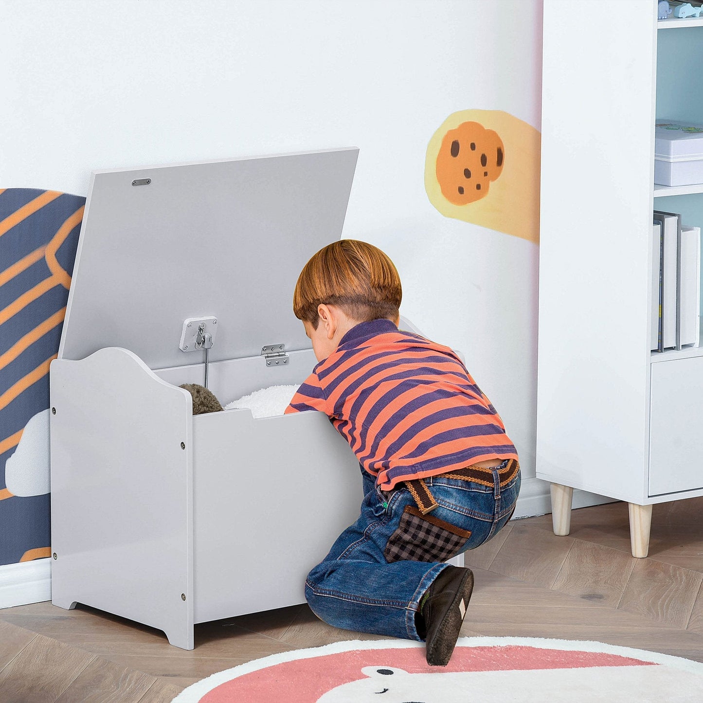 Store Bench Grey wooden bench with storage space for childrens room - Borgè