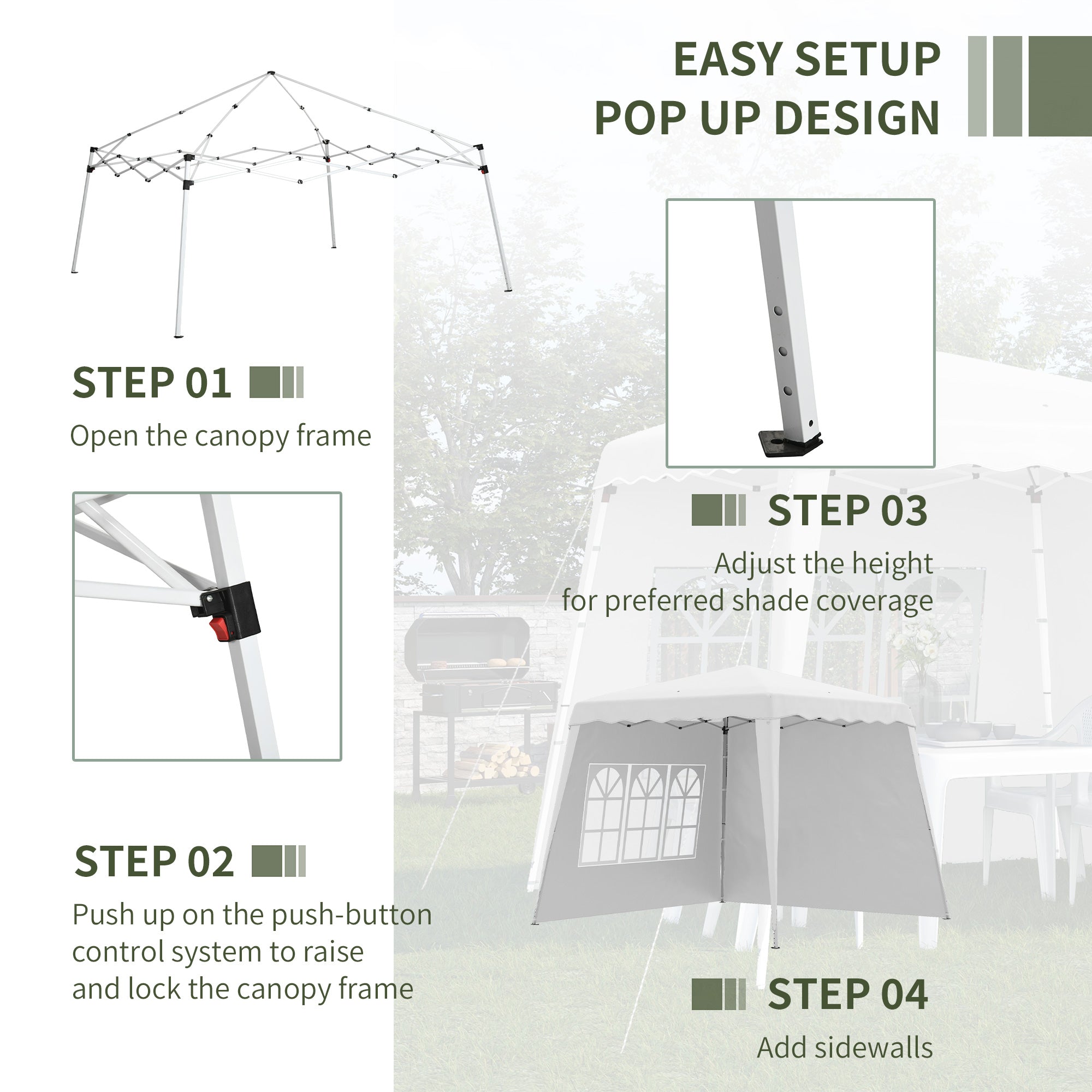 Adjustable Height Folding Garden Gazebo in Steel and Oxford Fabric, 2.4x2.4x2.5m - Borge' Group Limited