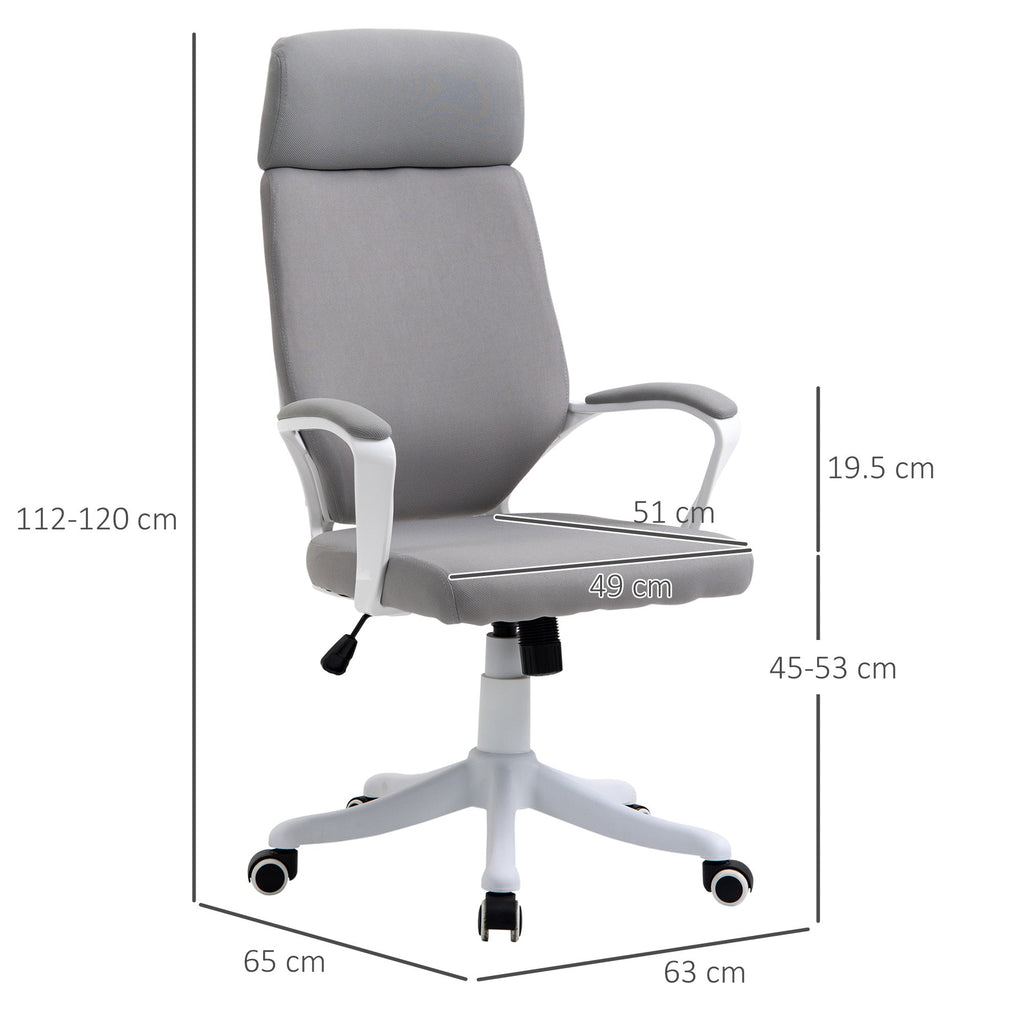 Swivel Office Chair with Headrest, Height-Adjustable Armchair with Rocking Function, 63x65x112-120cm, Light Grey - Borgè