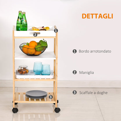 Wooden Trolley on 4 Level Kitchen Trolley  in Pine wood and 4 swivel wheels | 40x30x76 cm