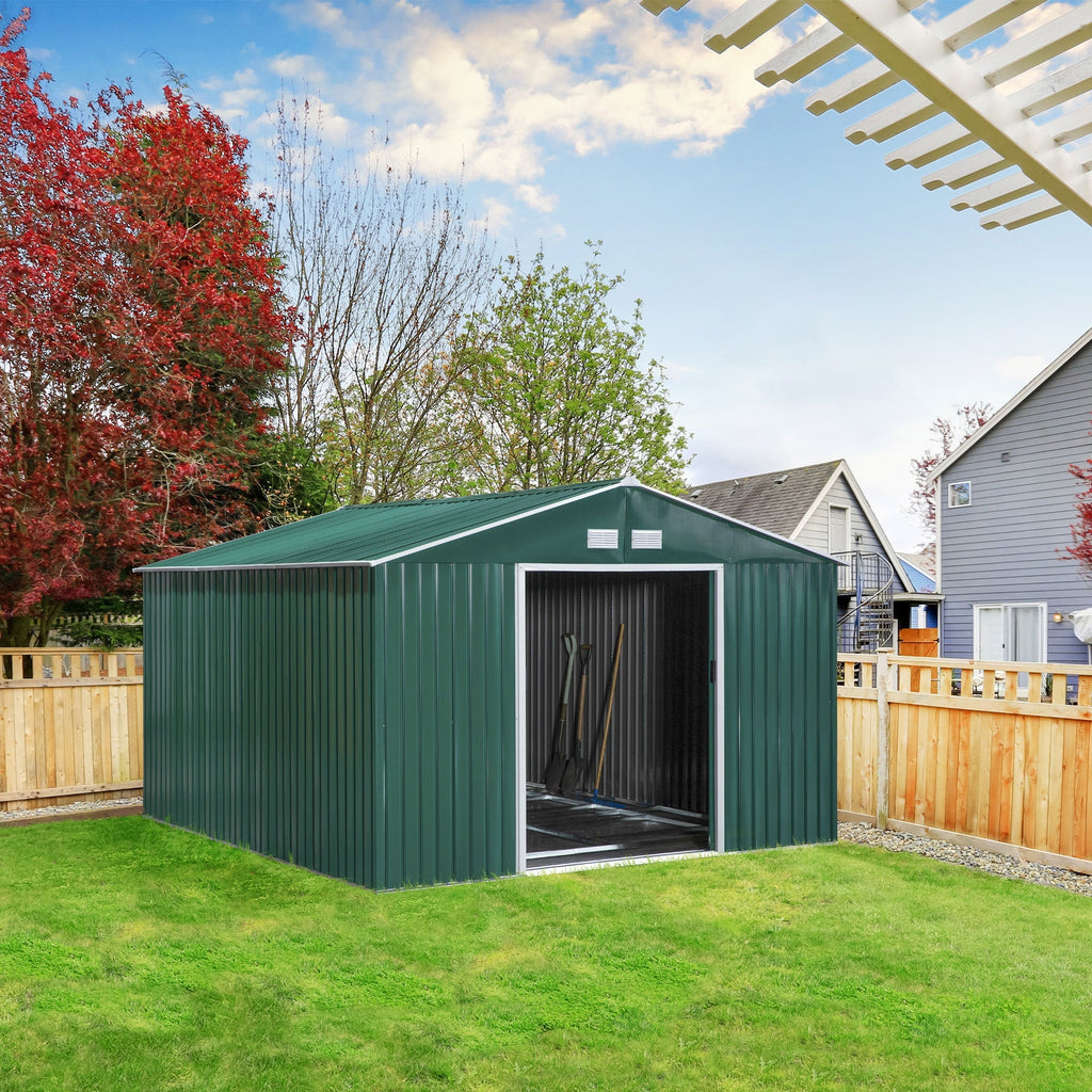 Garden Shed with 2 Sliding Doors and 4 Air Vents in Steel, 340x386x200cm, Green - Borge' Group Limited