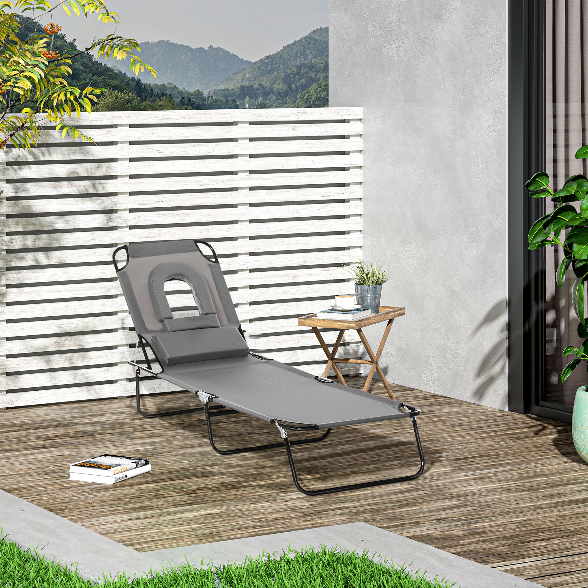 Outsunny folding sunbath with hole for the padded face and reclining back, gray - Borgè