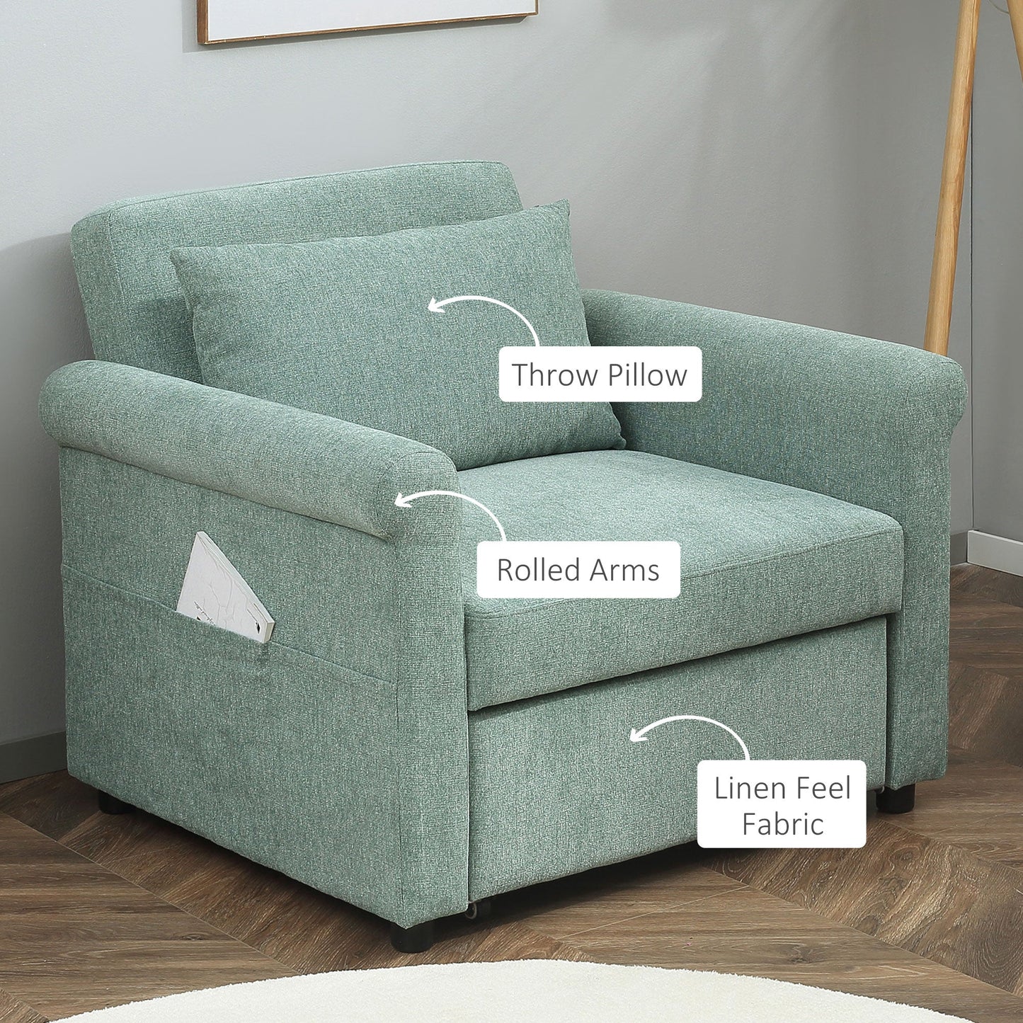 Homcom Single Bed Armchair With Towards Adjustable in 4 positions and padded seat, 96x84.5x87.5 cm, green - Borgè