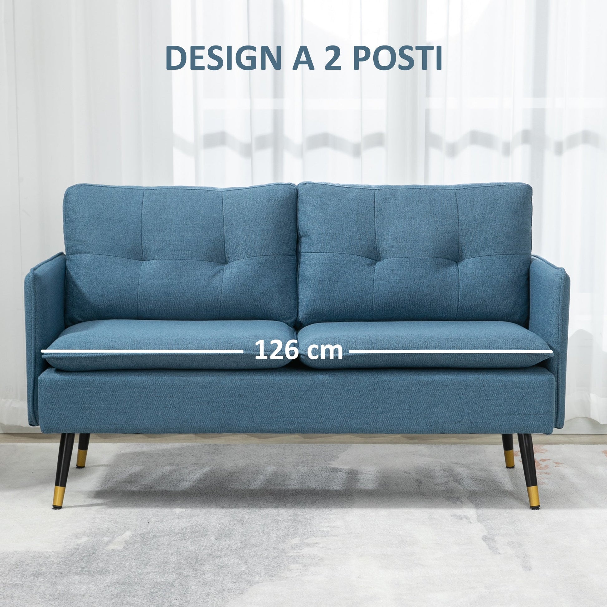 Sofa 2 seats in fabric with padded cushions and steel legs 139x68x80cm, dark blue - Borgè