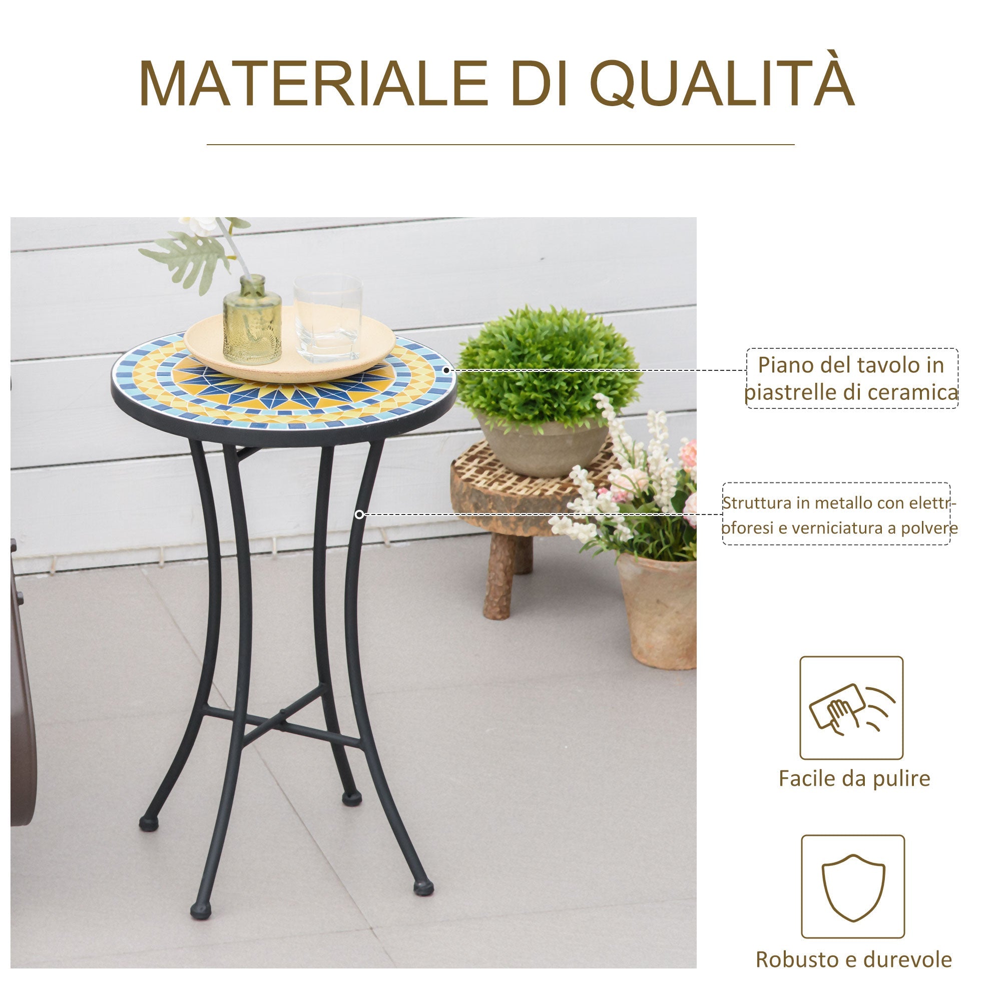 Metal Garden Coffee Table with Mosaic Top, Ф35.5x53.5cm - Borge' Group Limited