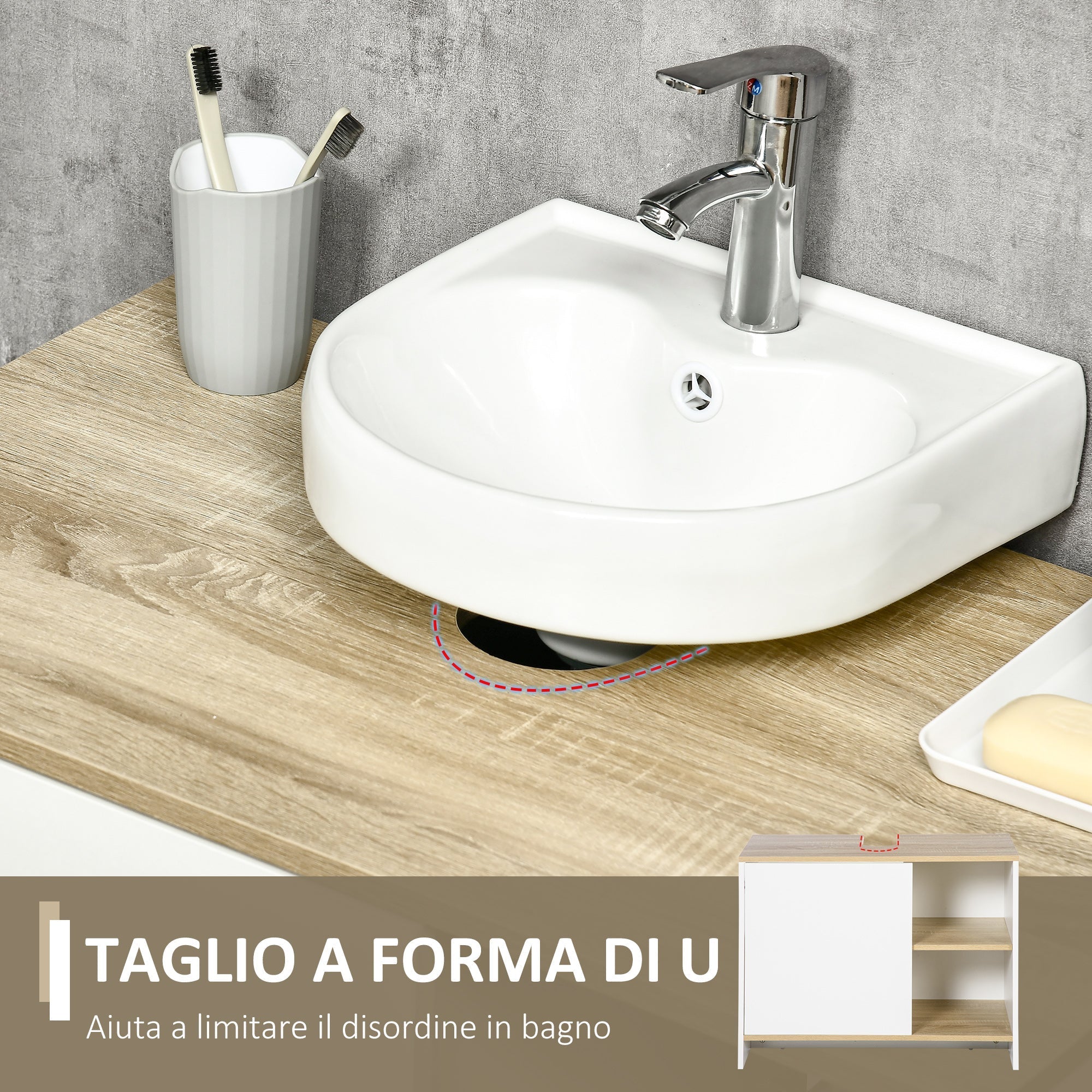 White with Wooden Top Bathroom Vanity | 77 x 45 x 60cm - Borgè