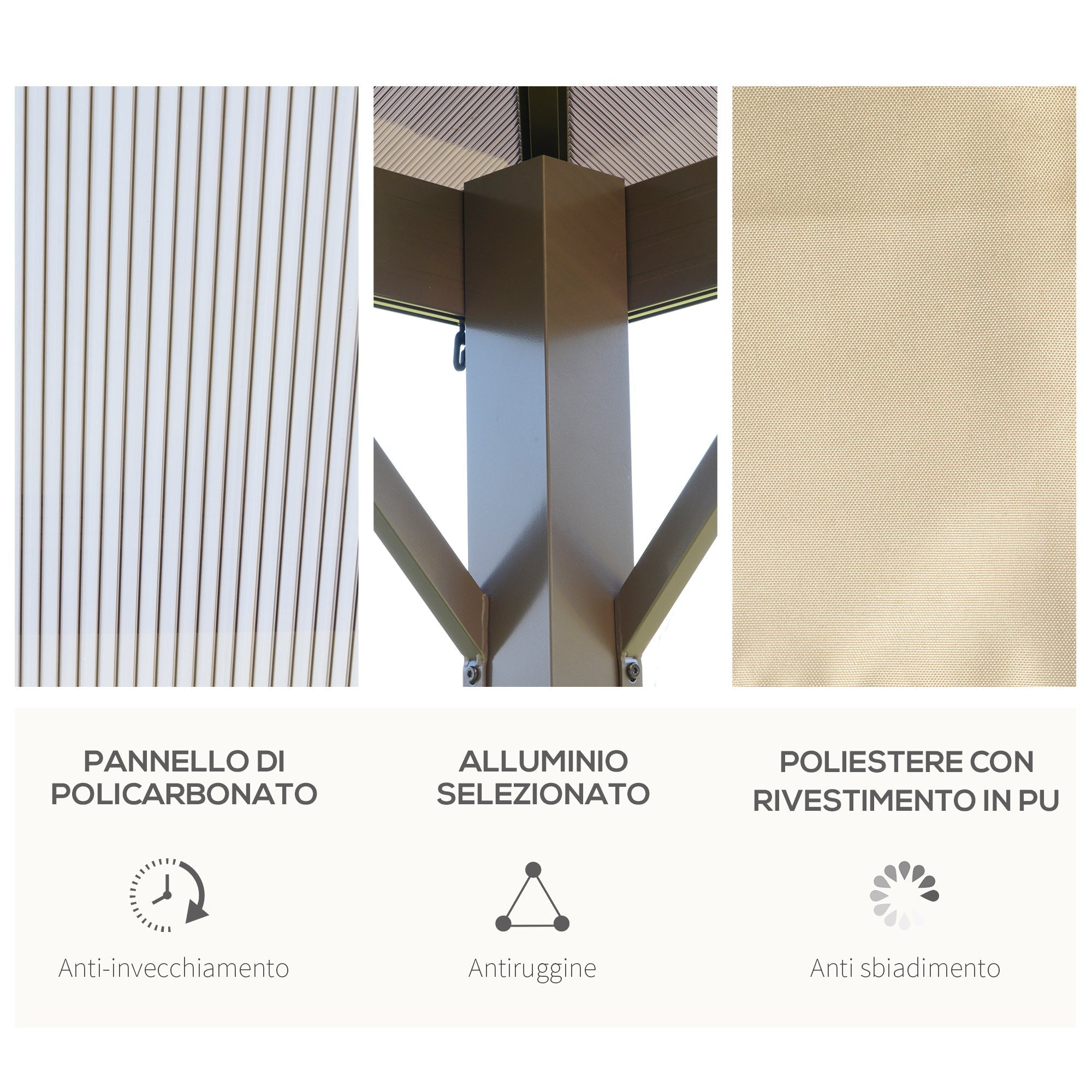 3x3m Garden Gazebo with Polycarbonate Roof and Mosquito Nets, Coffee and Khaki - Borge' Group Limited