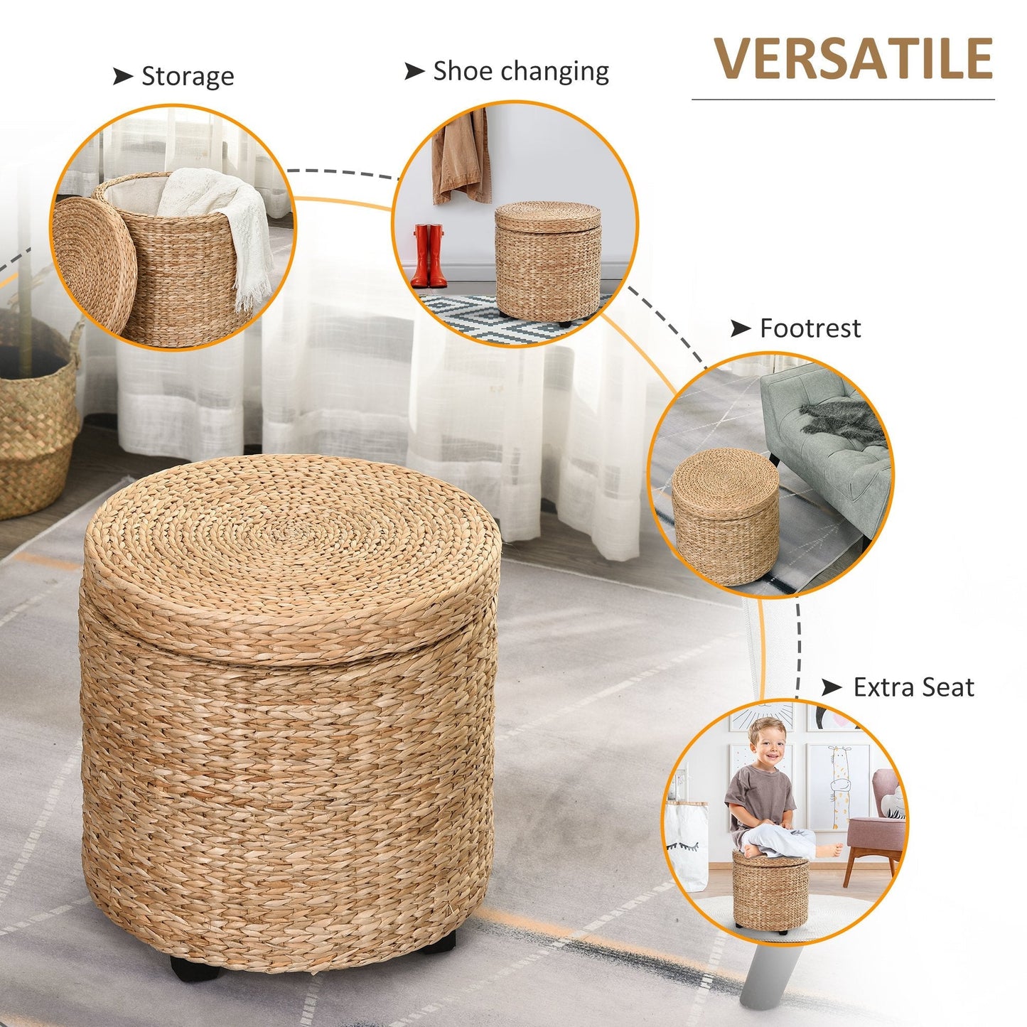 Pouf Round container with Rattan Lipironia coating stool footrest ф43x43cm - khaki - Borgè