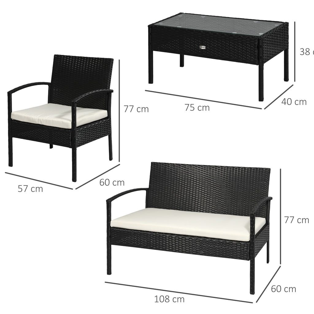 Outdoor Set 4 Piece PE Rattan with Garden Table, 2 Armchairs and 2 Seater Sofa, Black and Cream - Borge' Group Limited