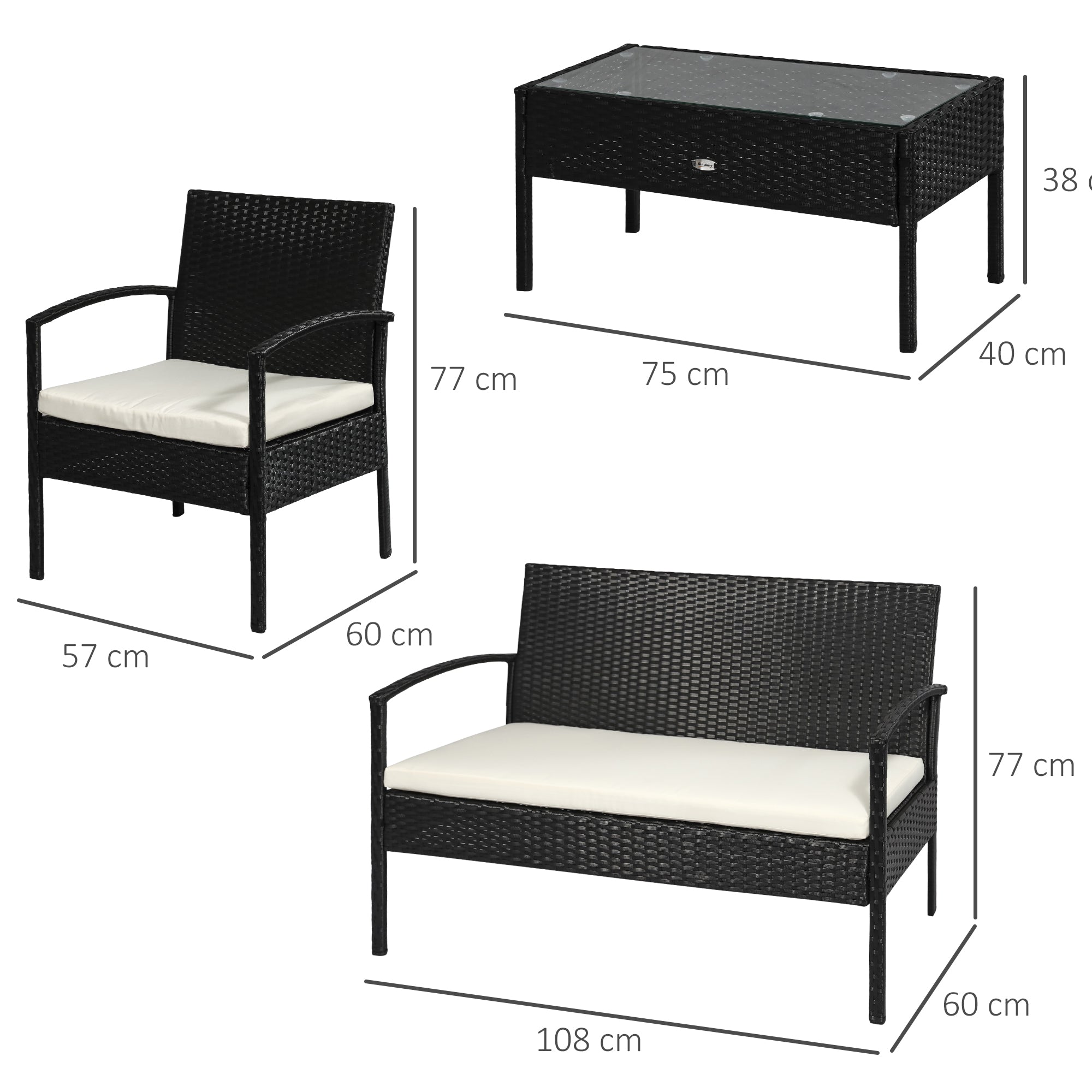 Outdoor Set 4 Piece PE Rattan with Garden Table, 2 Armchairs and 2 Seater Sofa, Black and Cream - Borge' Group Limited