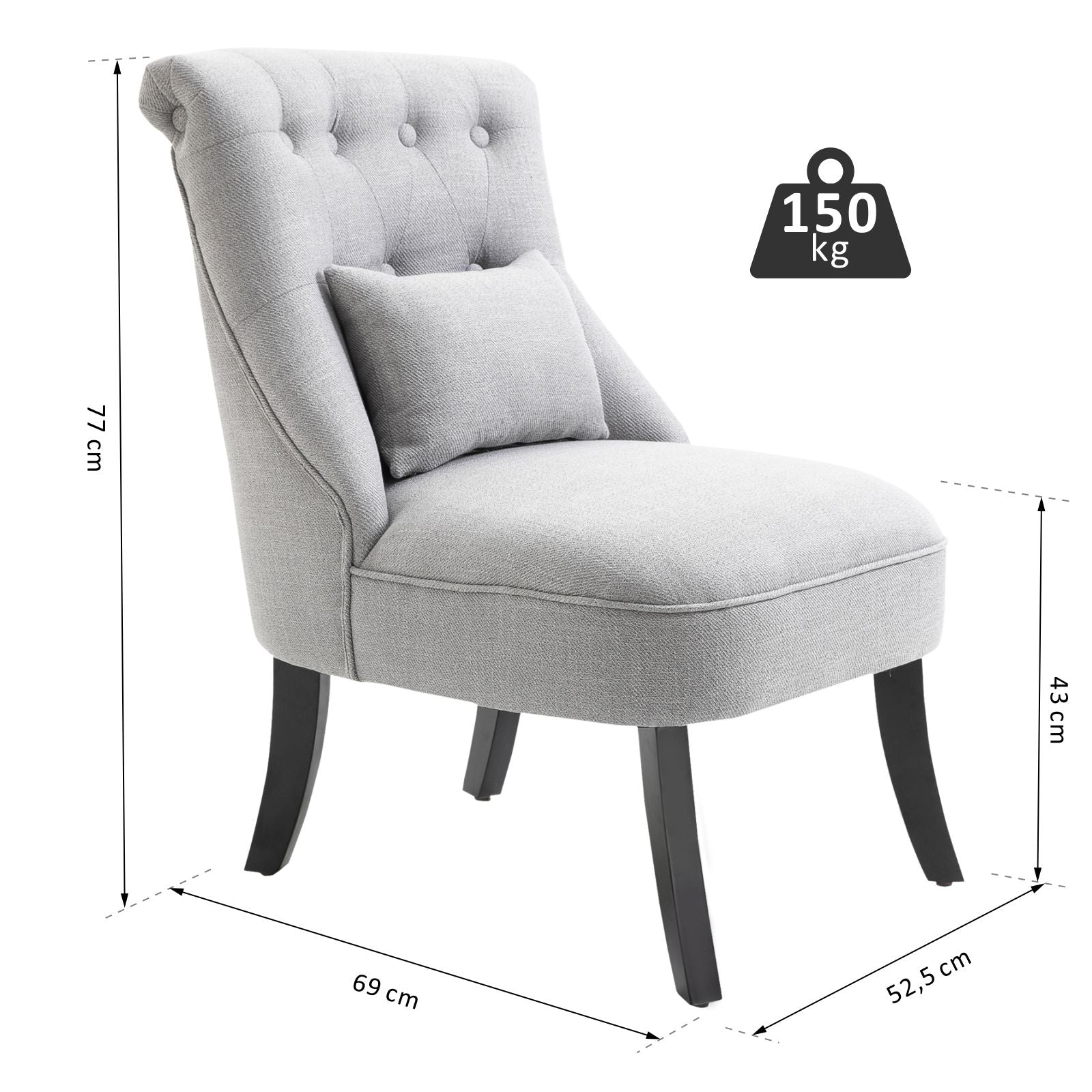 Padded wooden and linen armchair with Grey removable cushion - Borgè