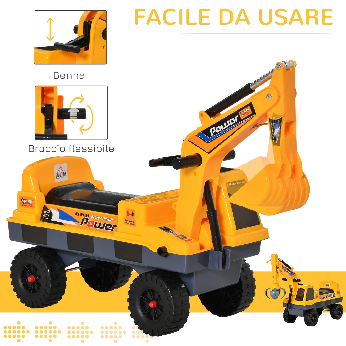 Ruspa toy 2 in 1 with excavator and bordering, hidden compartment, game rideable children 2-3 years, 90x28x58cm, yellow - Borgè