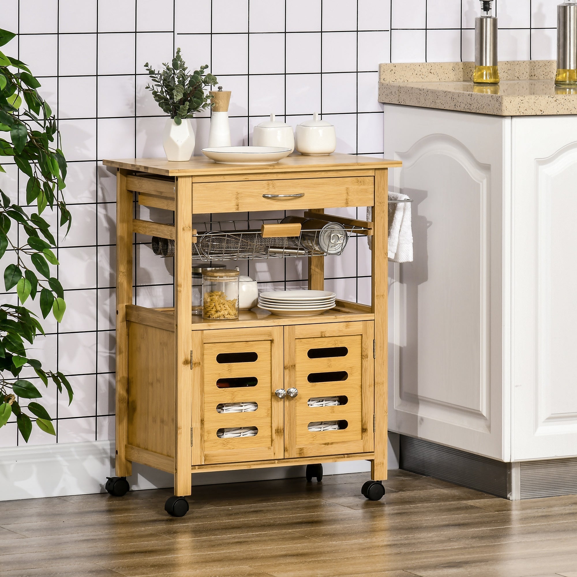 kitchen trolley with drawer, locker and removable wooden basket with swivel wheels, 66x36x79cm - Borgè