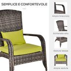Adironrack Garden Chair with Armrests and Cushions, Rattan and Steel Chair for Indoor and Outdoor Use, 64x80x90 cm, Green - Borge' Group Limited