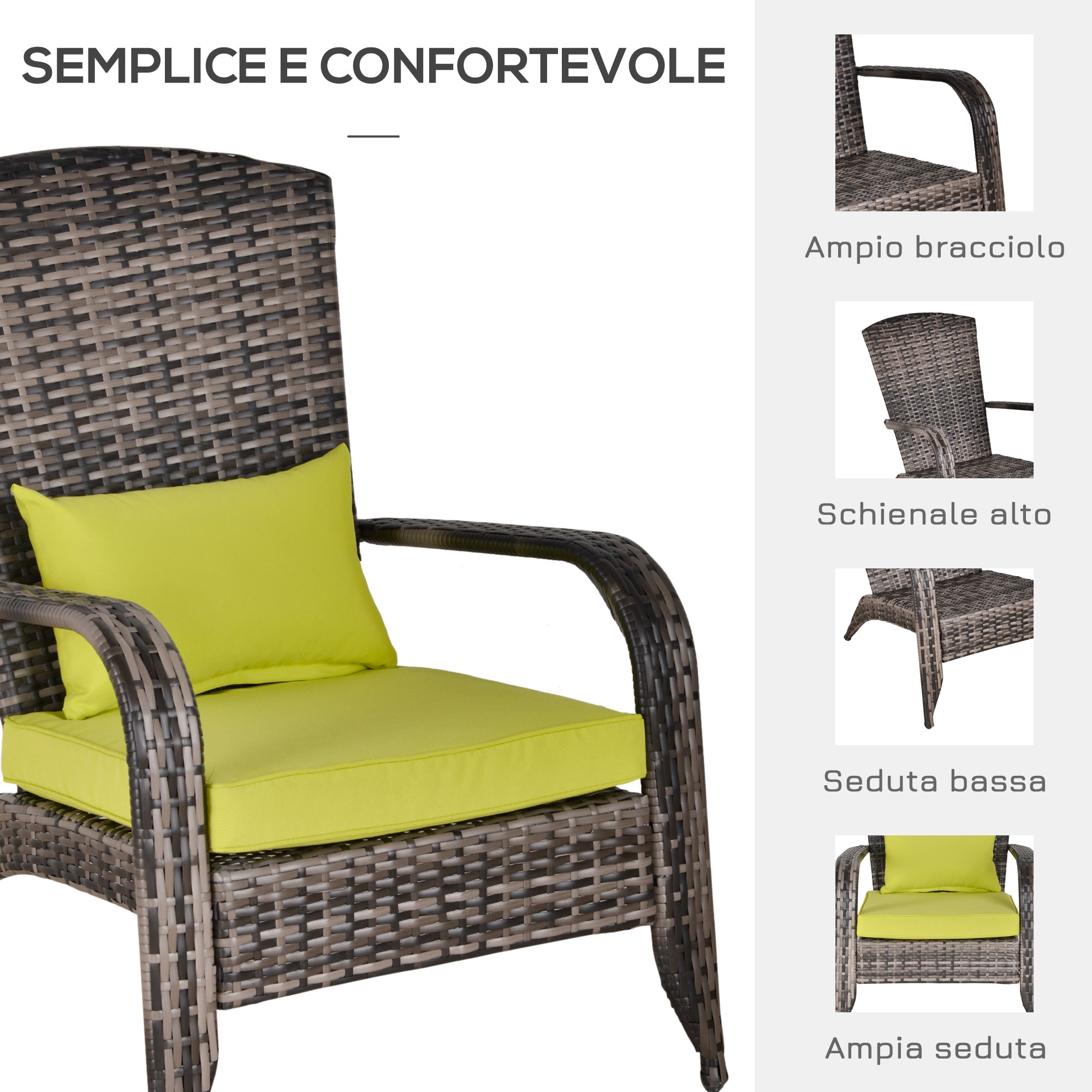 Adironrack Garden Chair with Armrests and Cushions, Rattan and Steel Chair for Indoor and Outdoor Use, 64x80x90 cm, Green - Borge' Group Limited