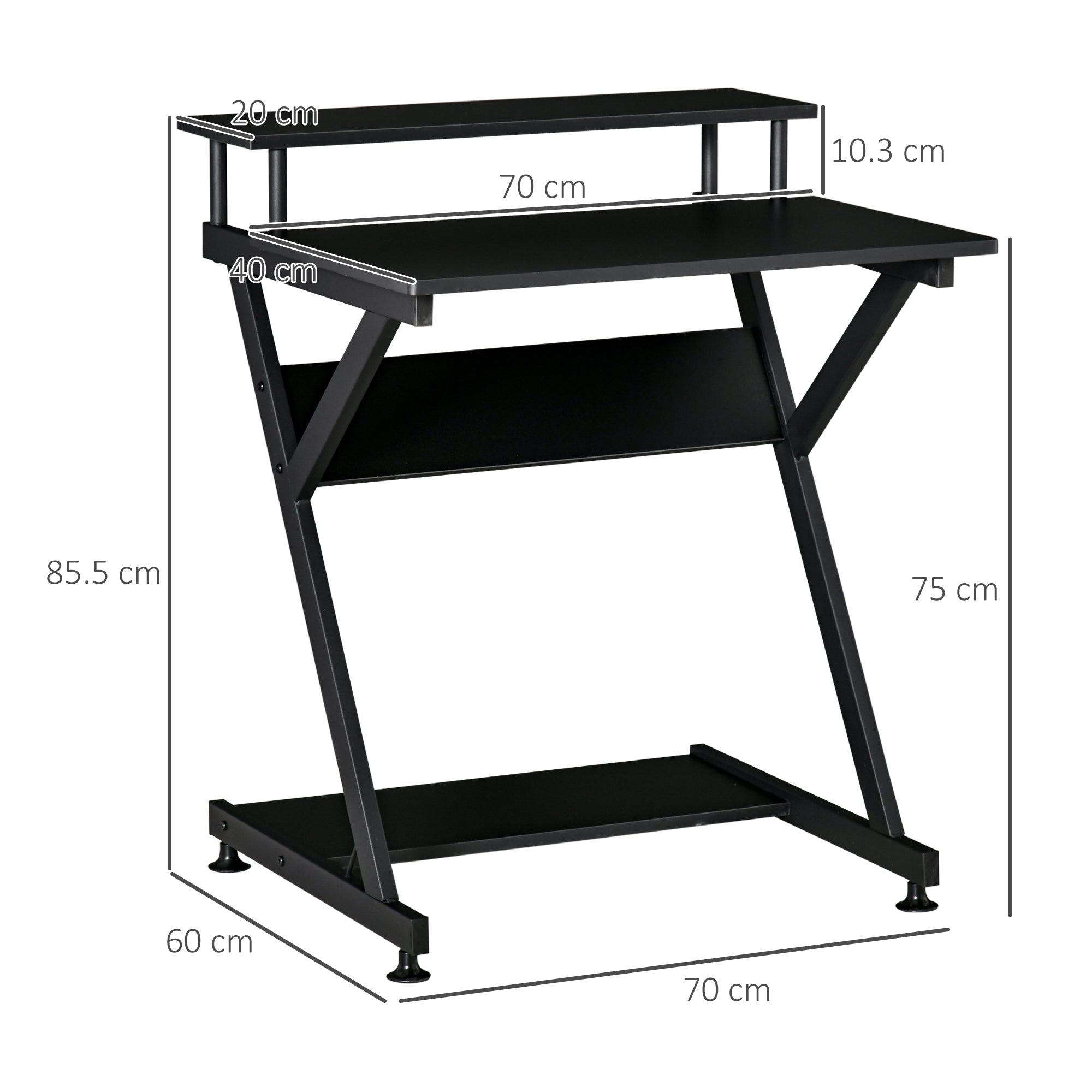 Table PC Room Road with raised monitor shelf, wooden office desk, 70x60x85.5cm - Black - Borgè
