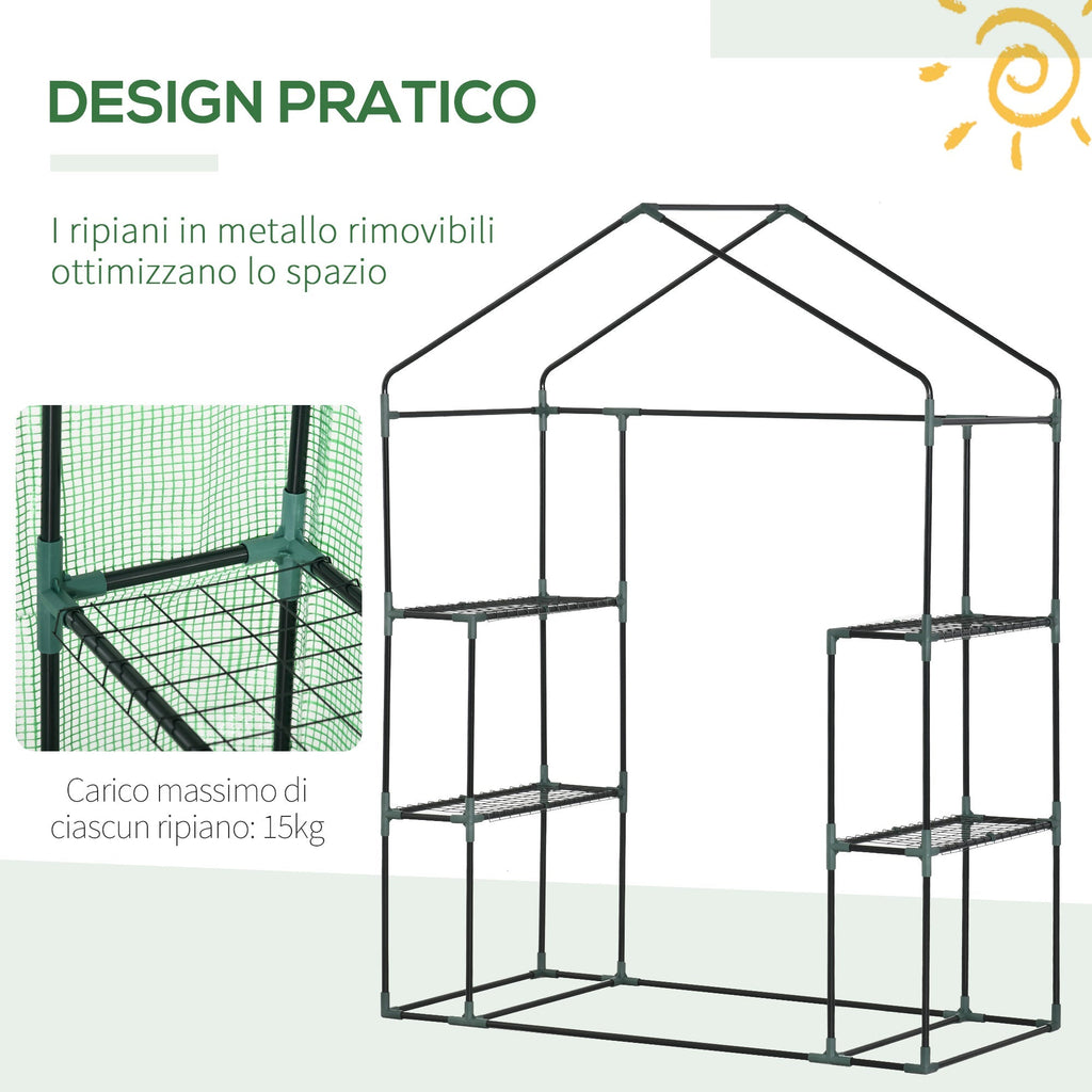 Outsunny Garden greenhouse in steel and plastic PE with 4 shelves, ropes and pickets, 141x72x191 cm, green - Borgè