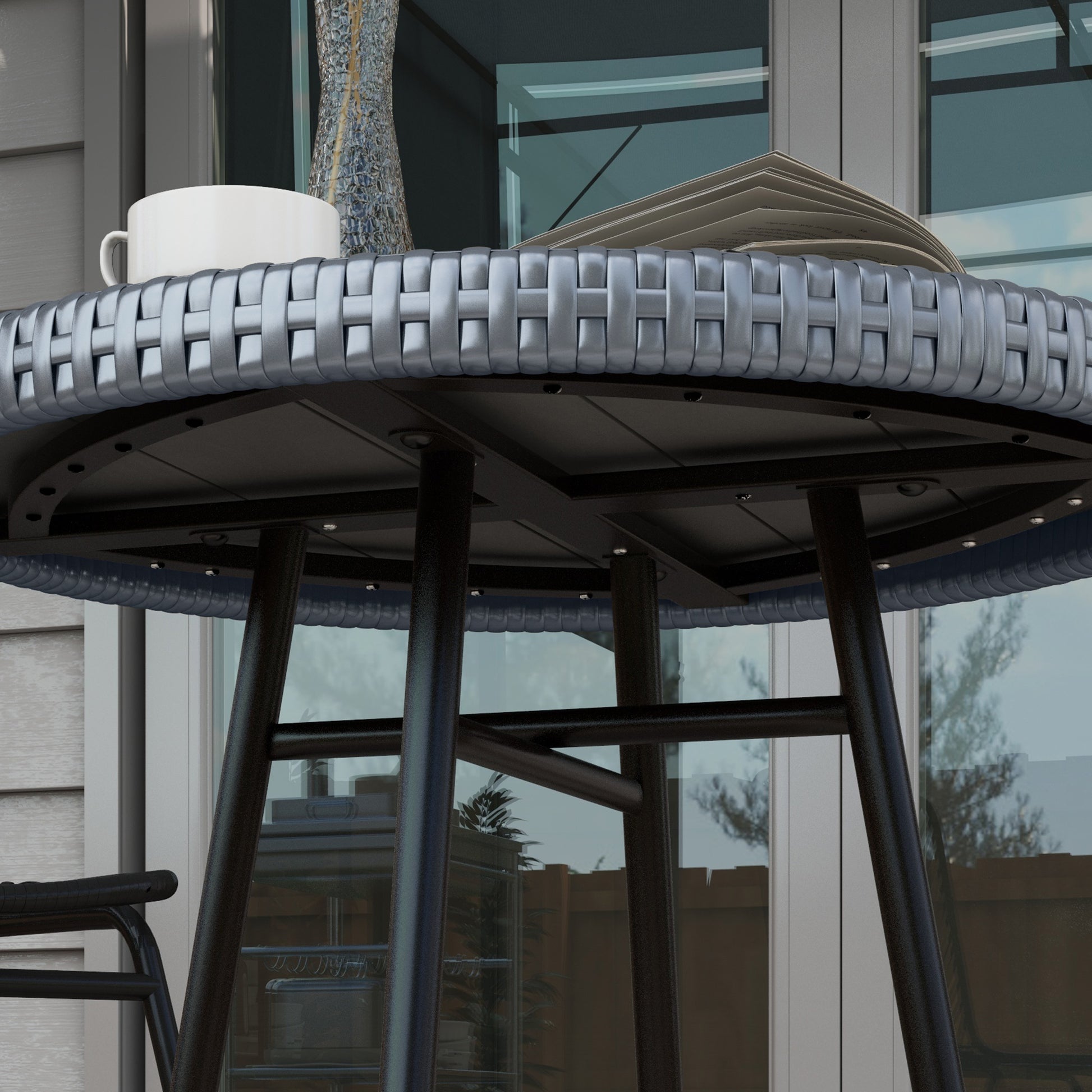 Outsunny modern garden table with wooden plastic top, rattan and steel, 50x50x55 cm, gray and black - Borgè