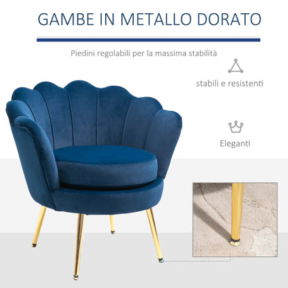 SEASHELL Design Blue Velvet Chamber Armchair With Back | 76x67x74cm - Borgè